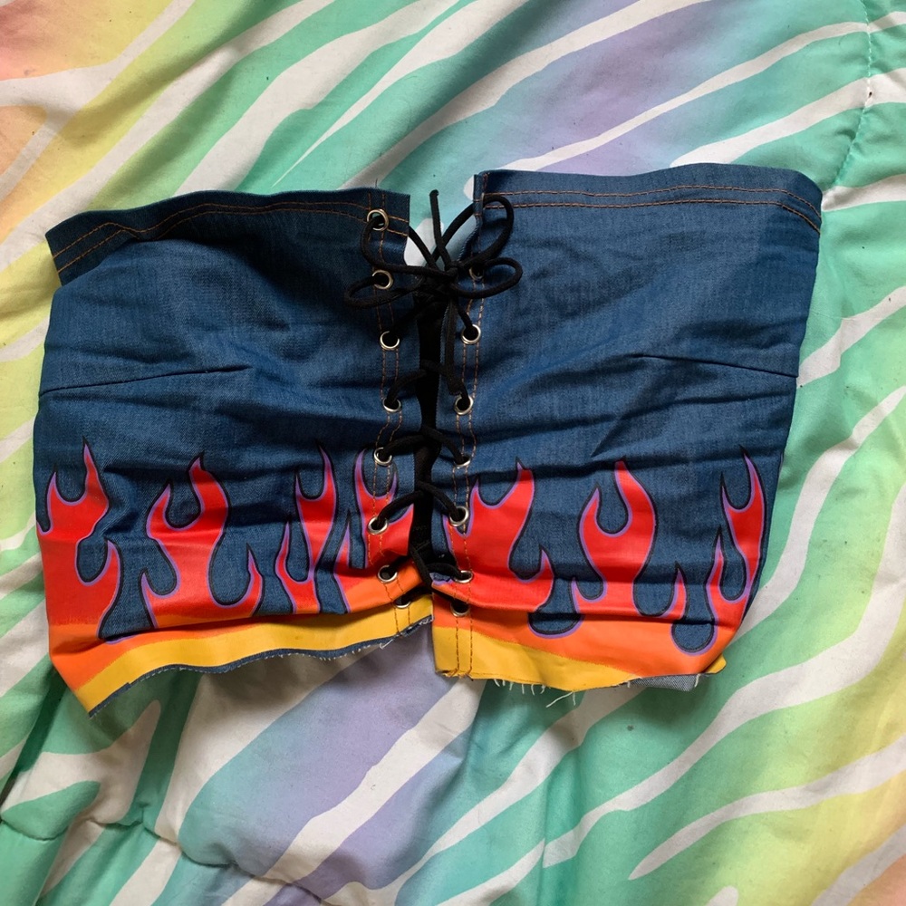 tie up denim flame tube top
